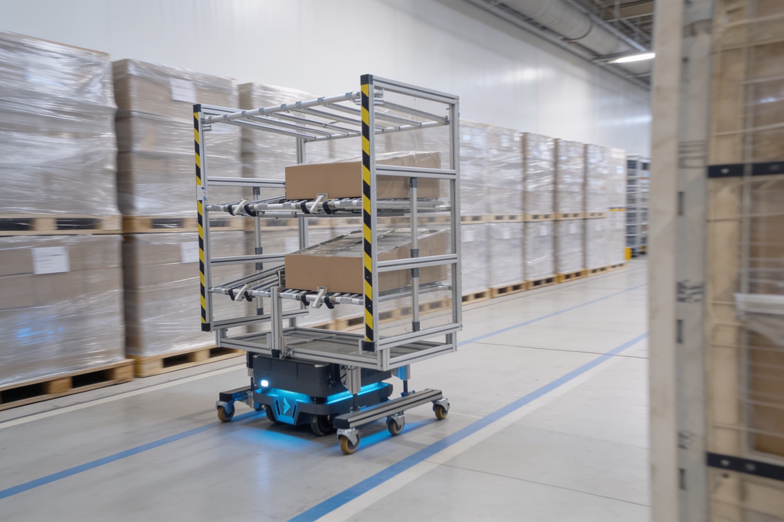 AMR (MiR250) service robot — carrying a cart through a cold-storage distribution aisle, wrapped pallets and painted floor lane markings, cool even lighting