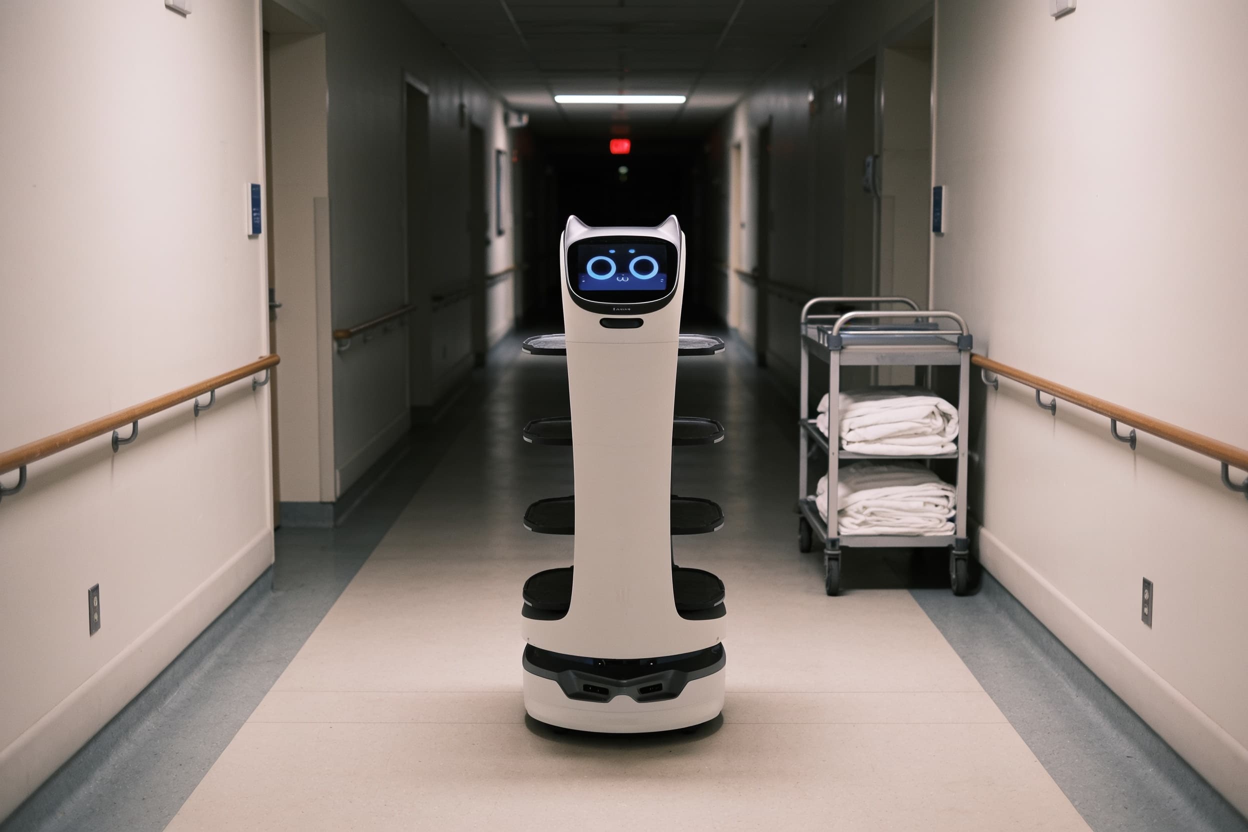 Delivery robot (Pudu BellaBot) service robot — an empty hospital ward corridor at night, wall handrails and a parked linen cart, flat overnight lighting
