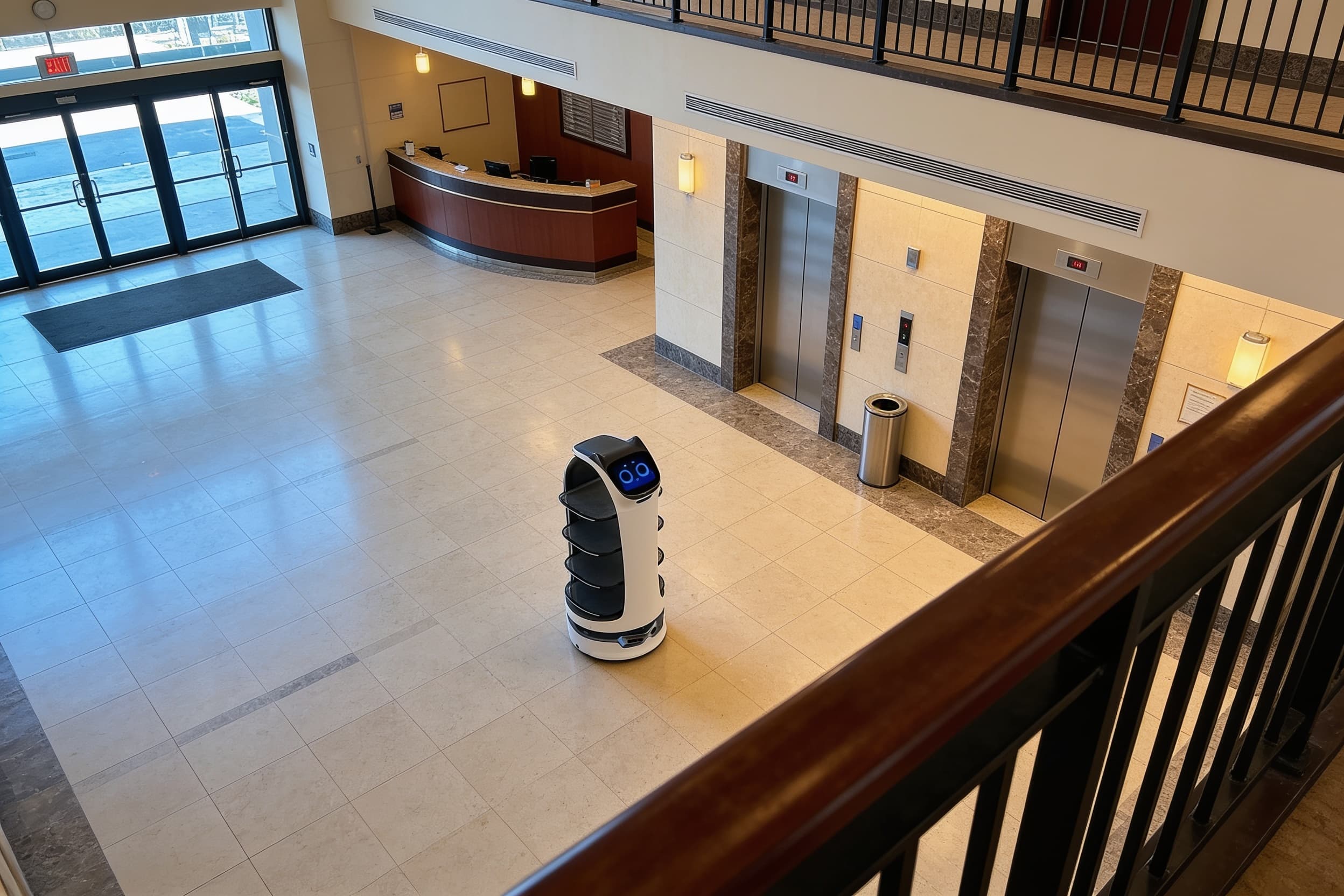 Delivery robot crossing an empty hotel lobby