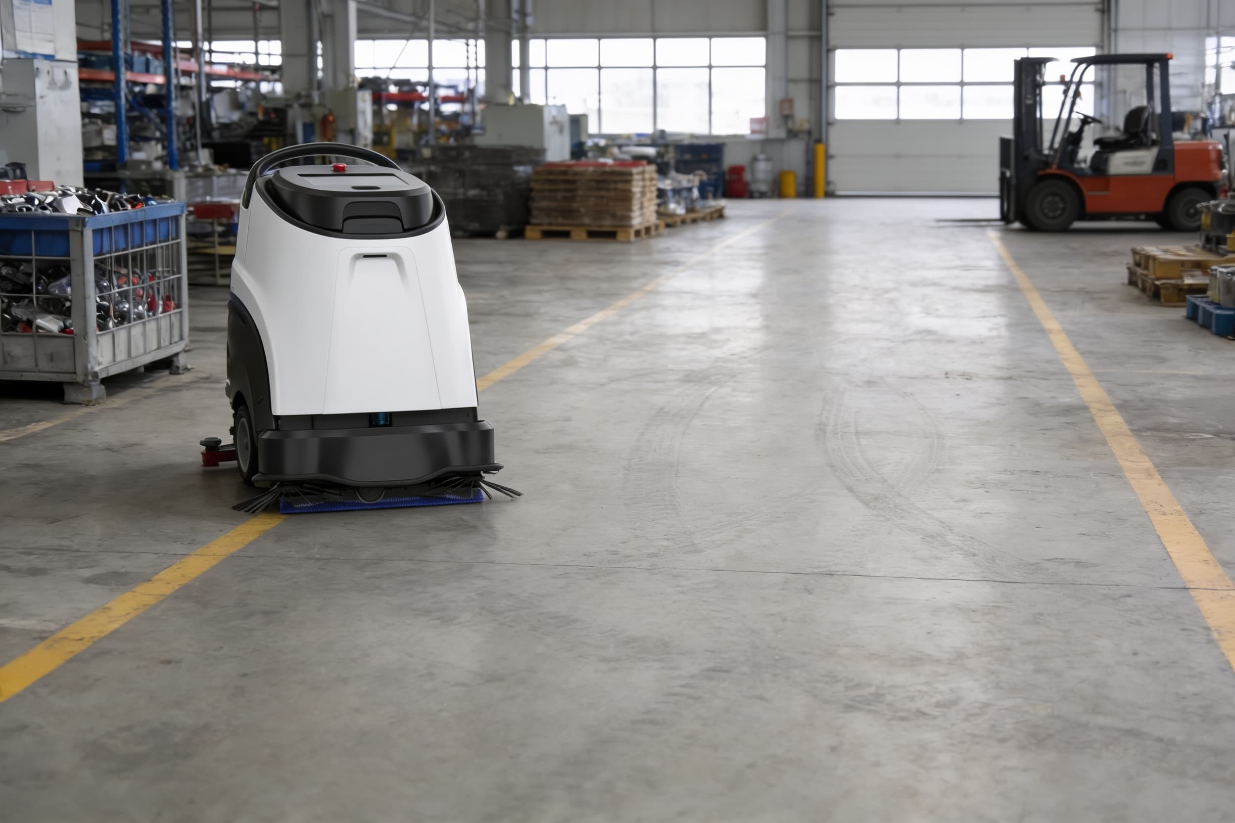 Gausium Scrubber 75 service robot — cleaning the concrete of an auto-assembly plant near the line, faint tire marks and a parts bin, high bay windows
