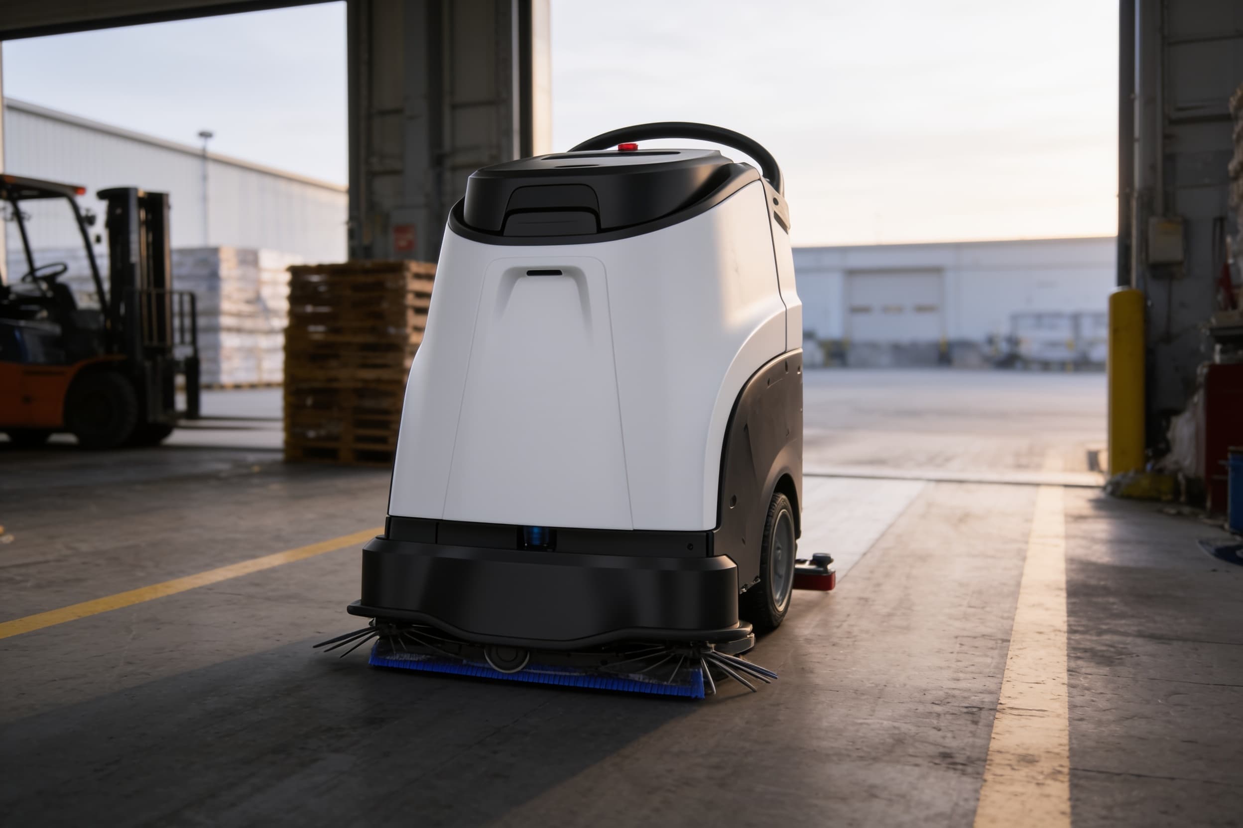 A floor-cleaning robot cleaning the dock of a cold-storage facility in the morning