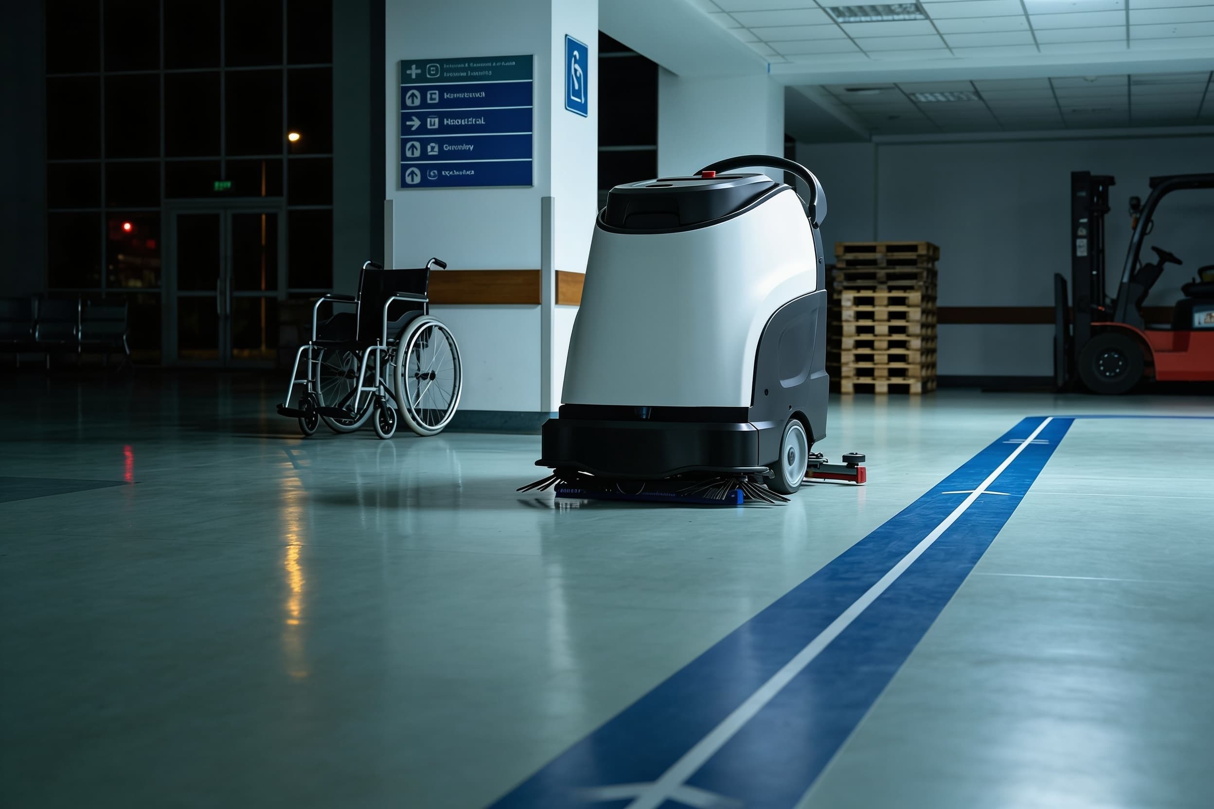 Floor-scrubbing robot in a hospital atrium, generated illustration