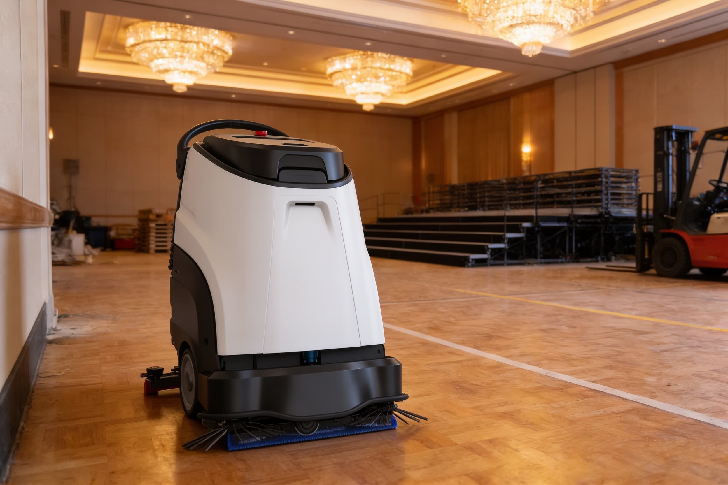 Floor-scrubbing robot in a ballroom, generated illustration