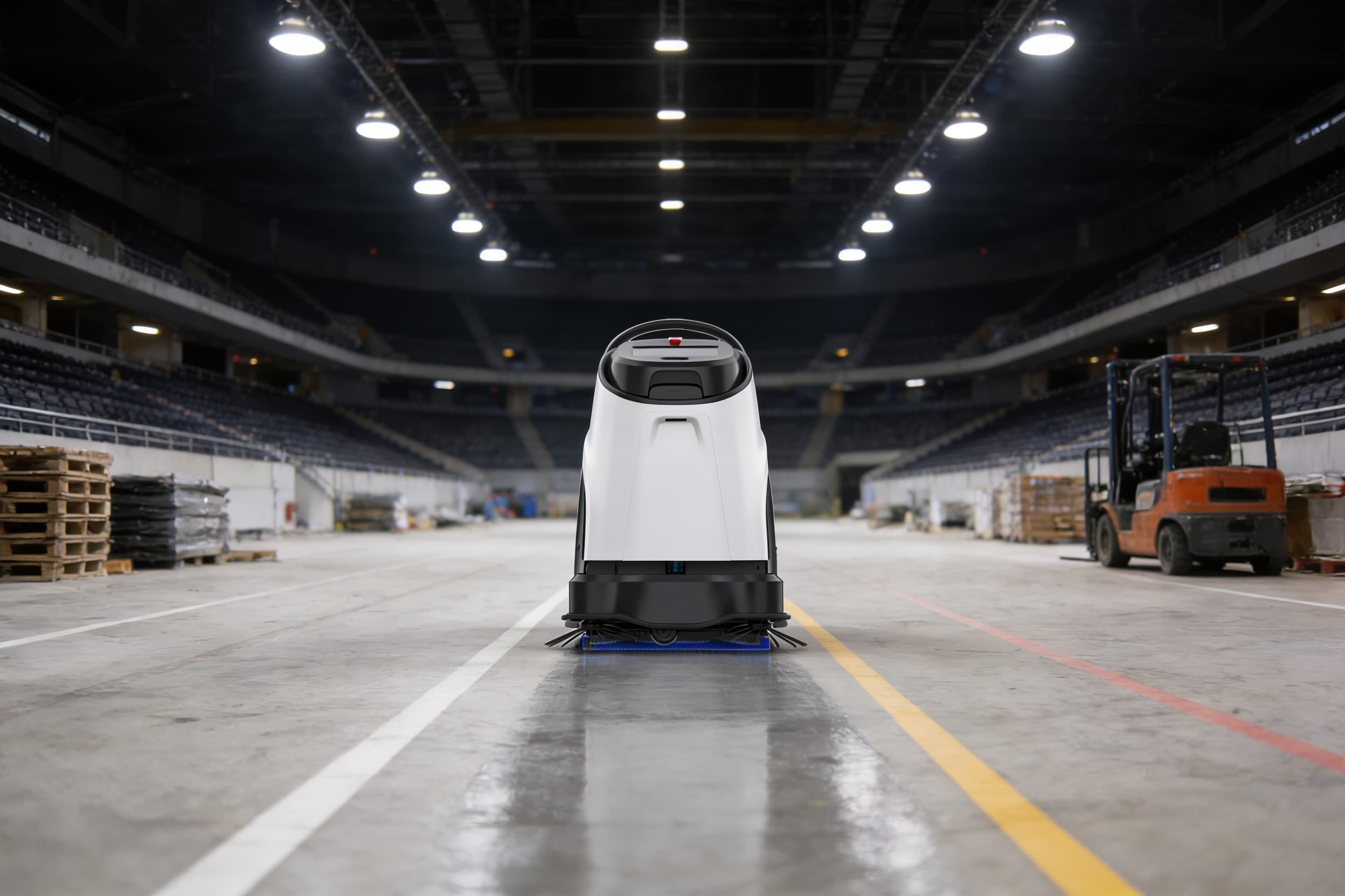 A floor-cleaning robot scrubbing a stadium main concourse