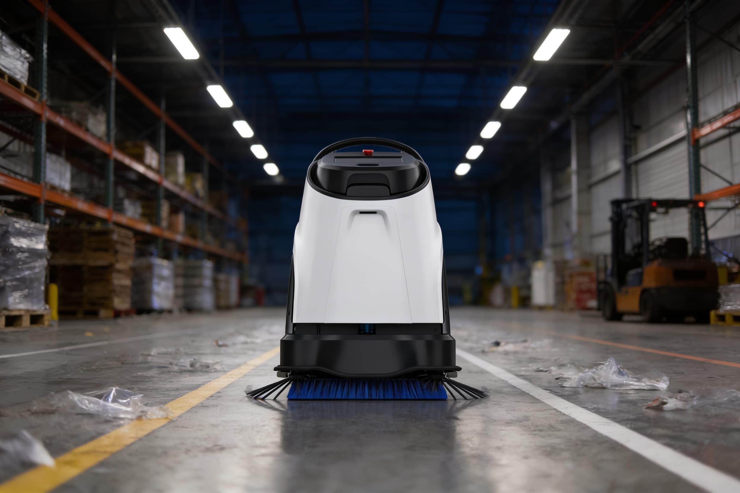 A floor-cleaning robot working a high-bay distribution-warehouse aisle in the early evening