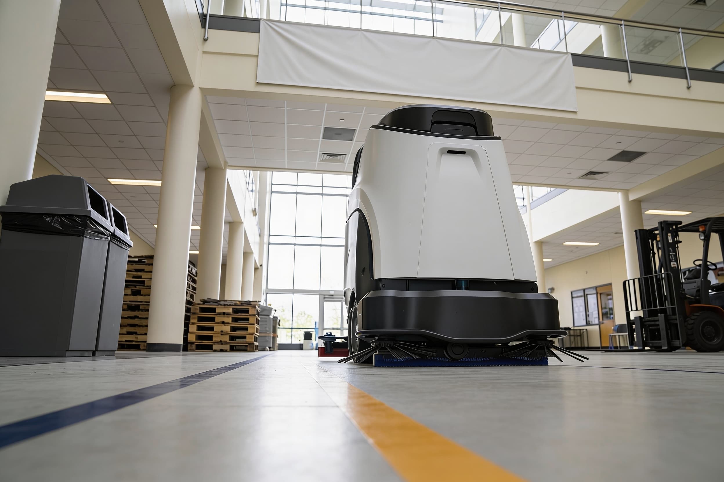 Floor-scrubbing robot in a university atrium, generated illustration