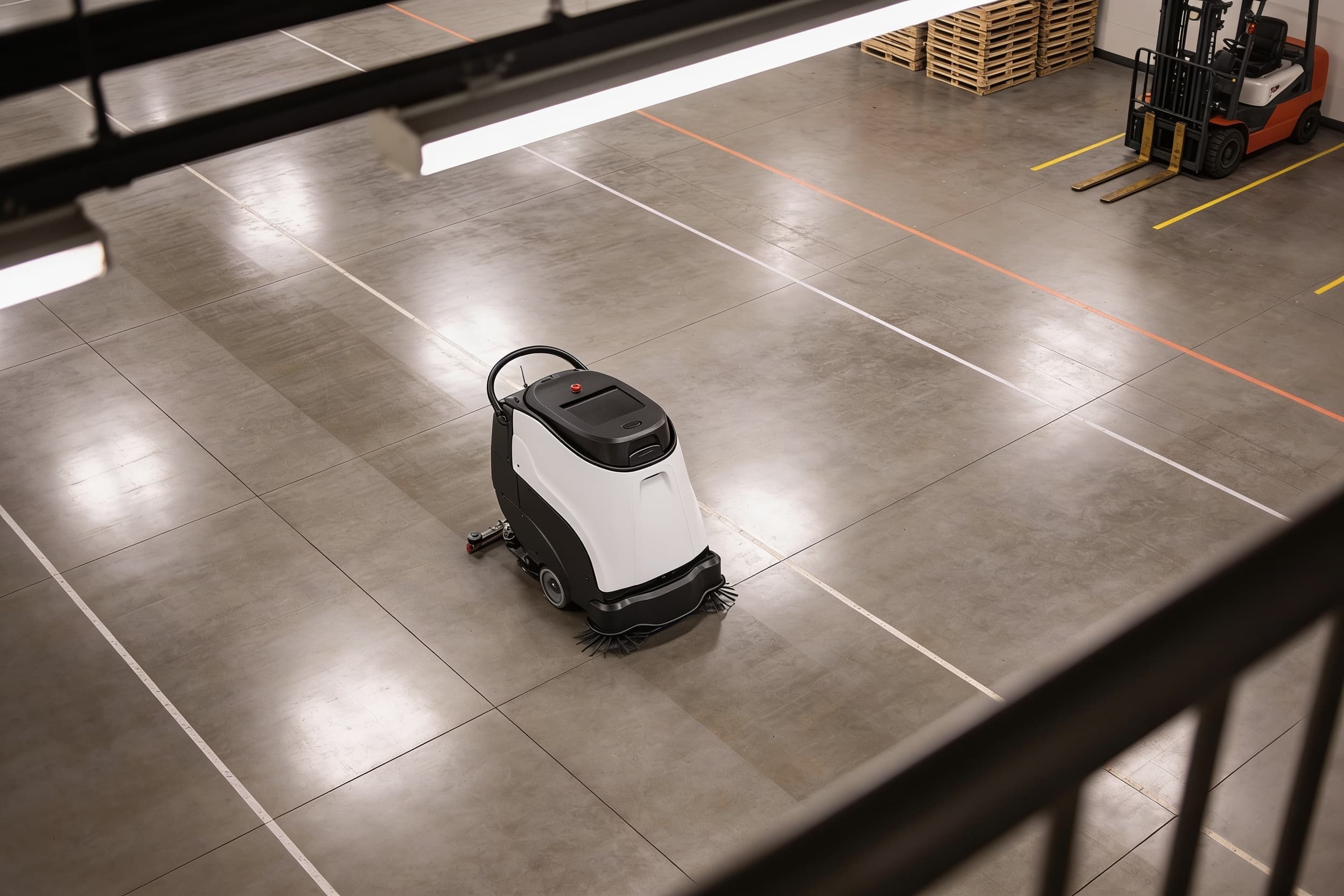 A floor scrubber covering an open polished floor