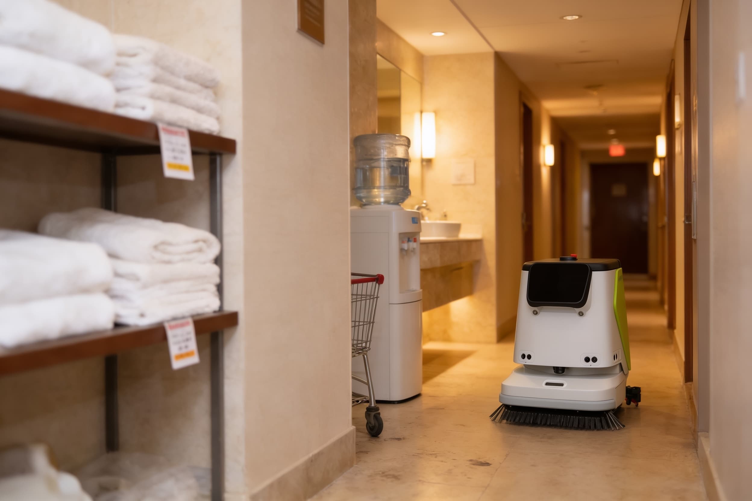 A compact cleaning robot running a corridor route after hours