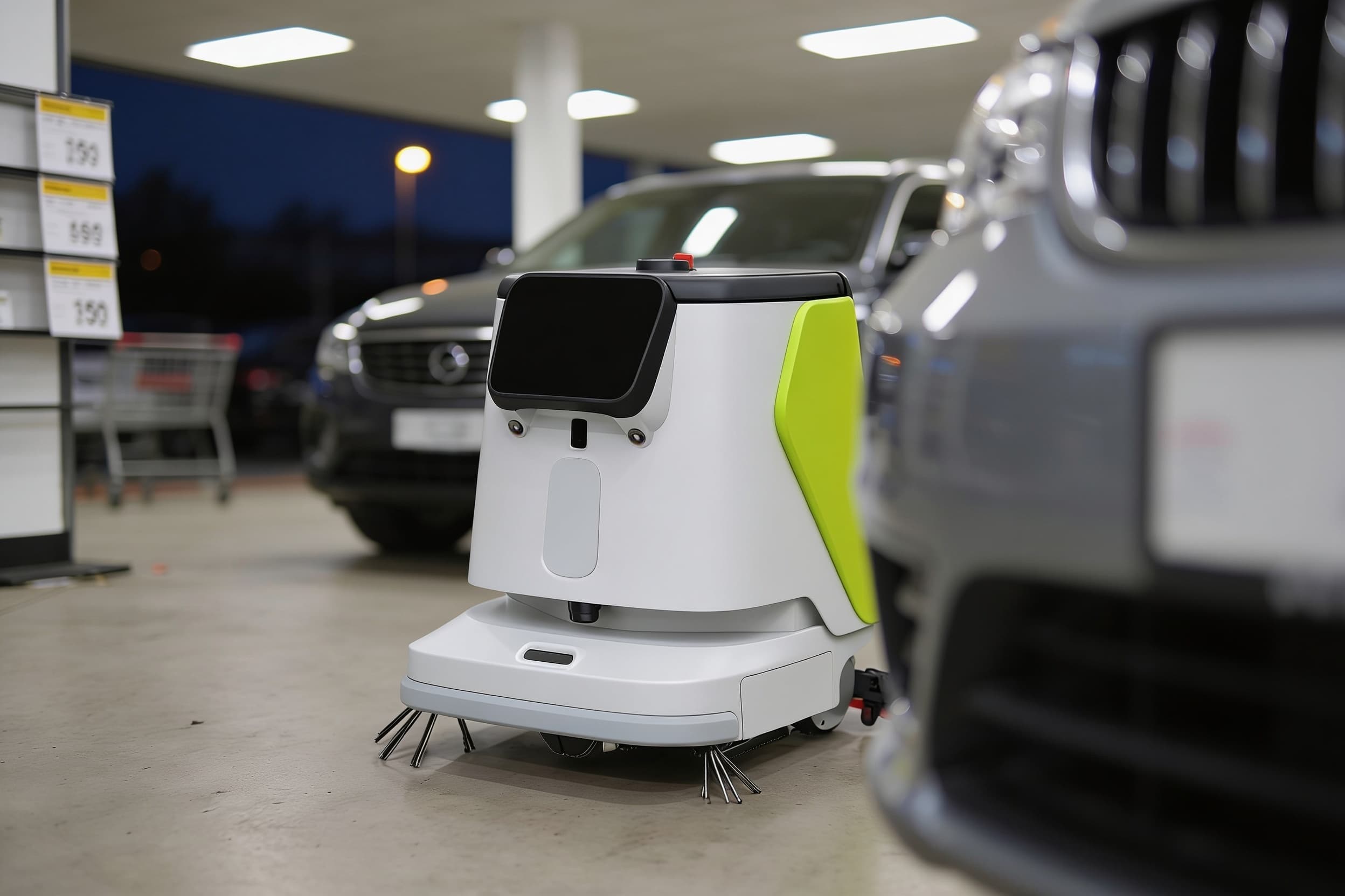 A floor-cleaning robot working a showroom-style pro-shop floor in the evening