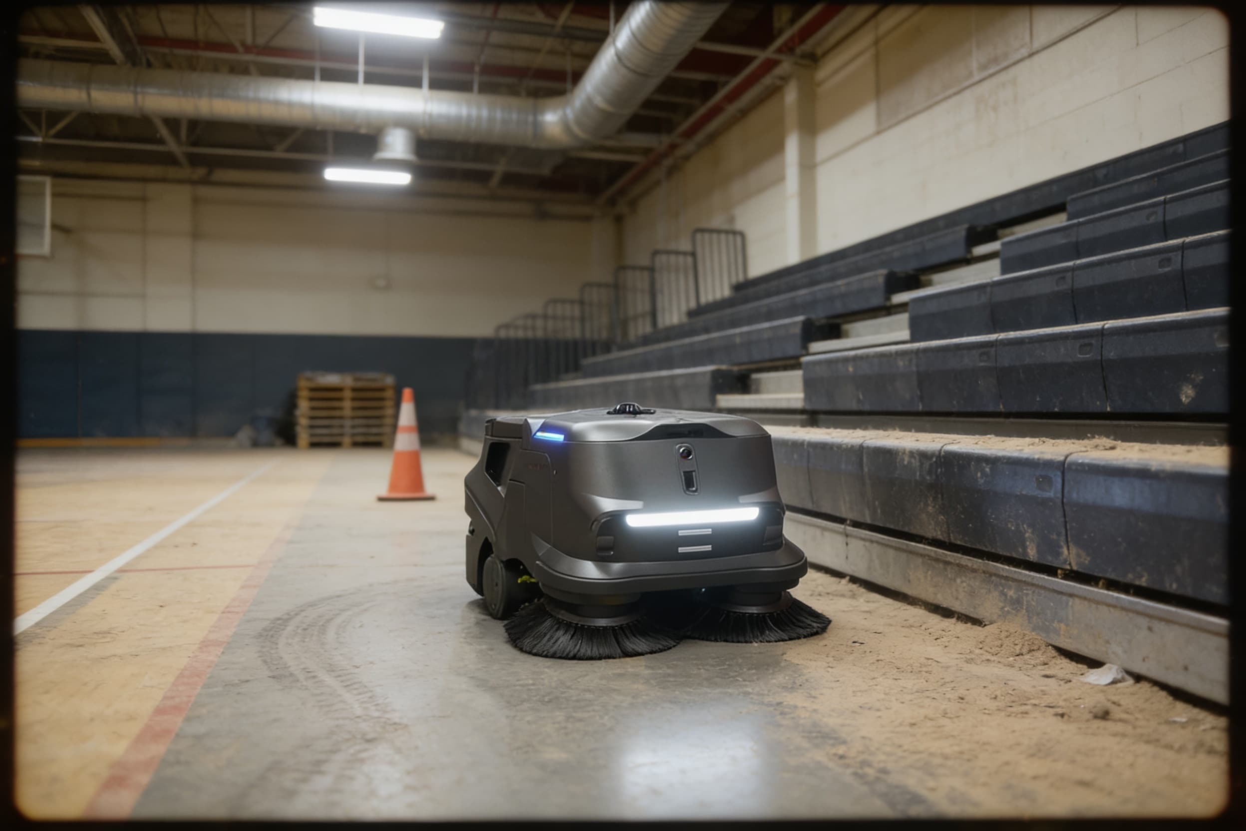 Pudu MT1 service robot — running a community rec-center gym floor near the bleachers, dust and a stray cone, overhead gym lighting