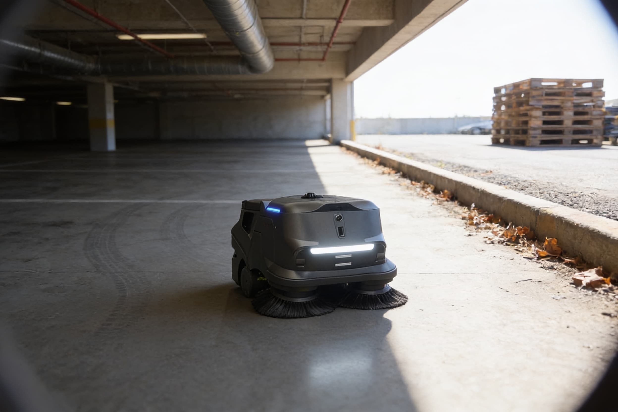 Sweeper robot running a storage-facility drive aisle