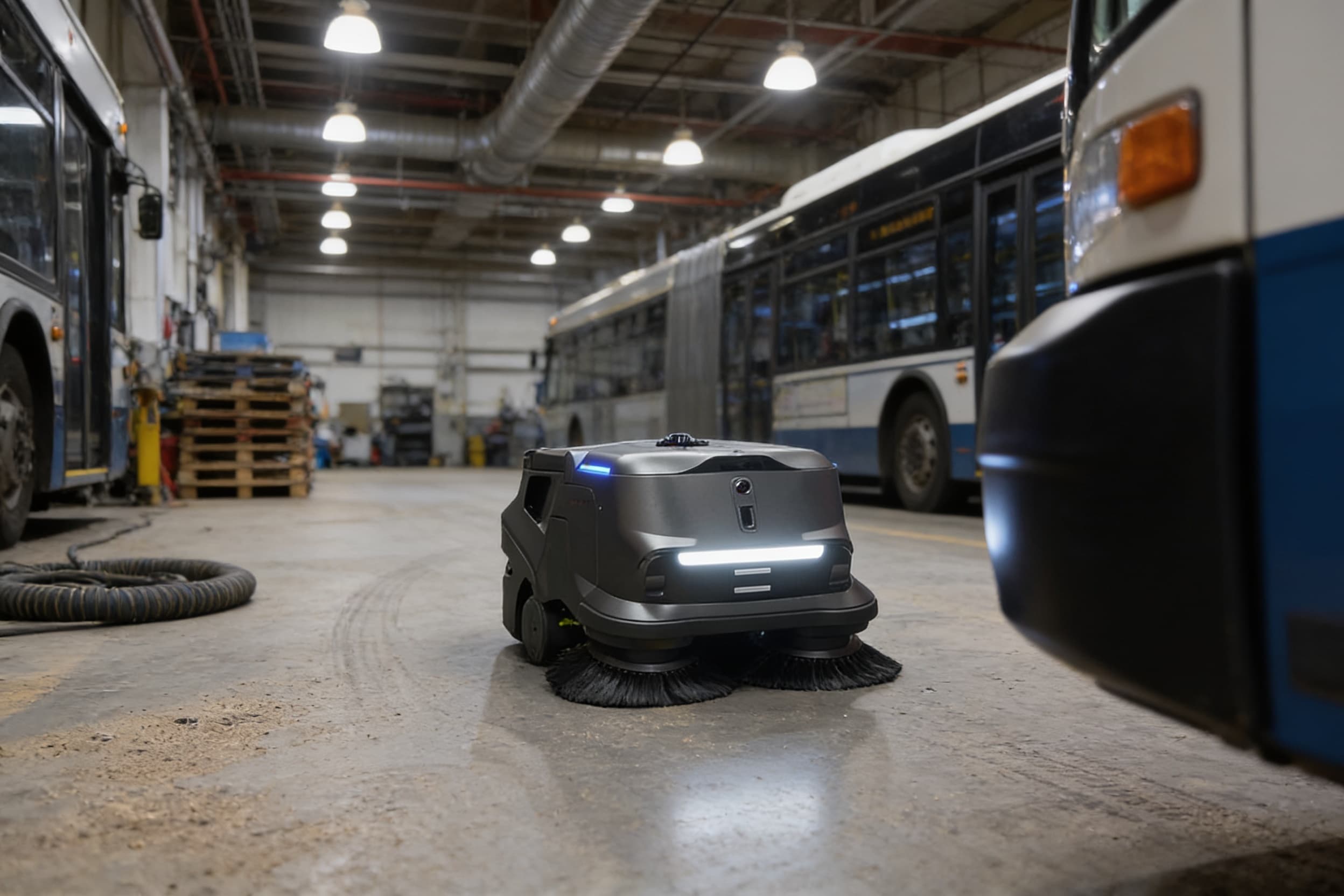Sweeper robot working a maintenance-bay floor