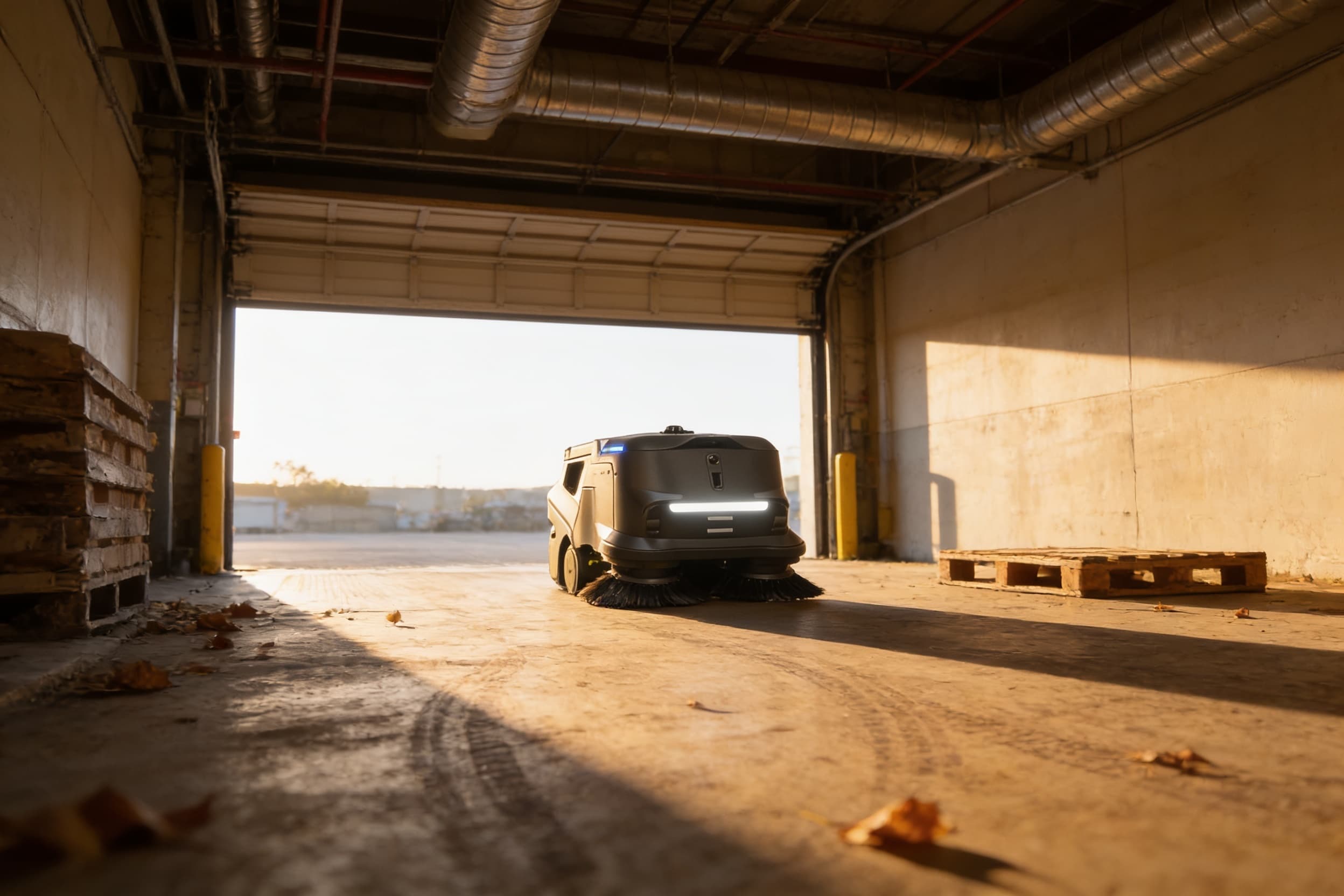 A ground-sweeping robot clearing dry leaves from a covered outdoor hard surface