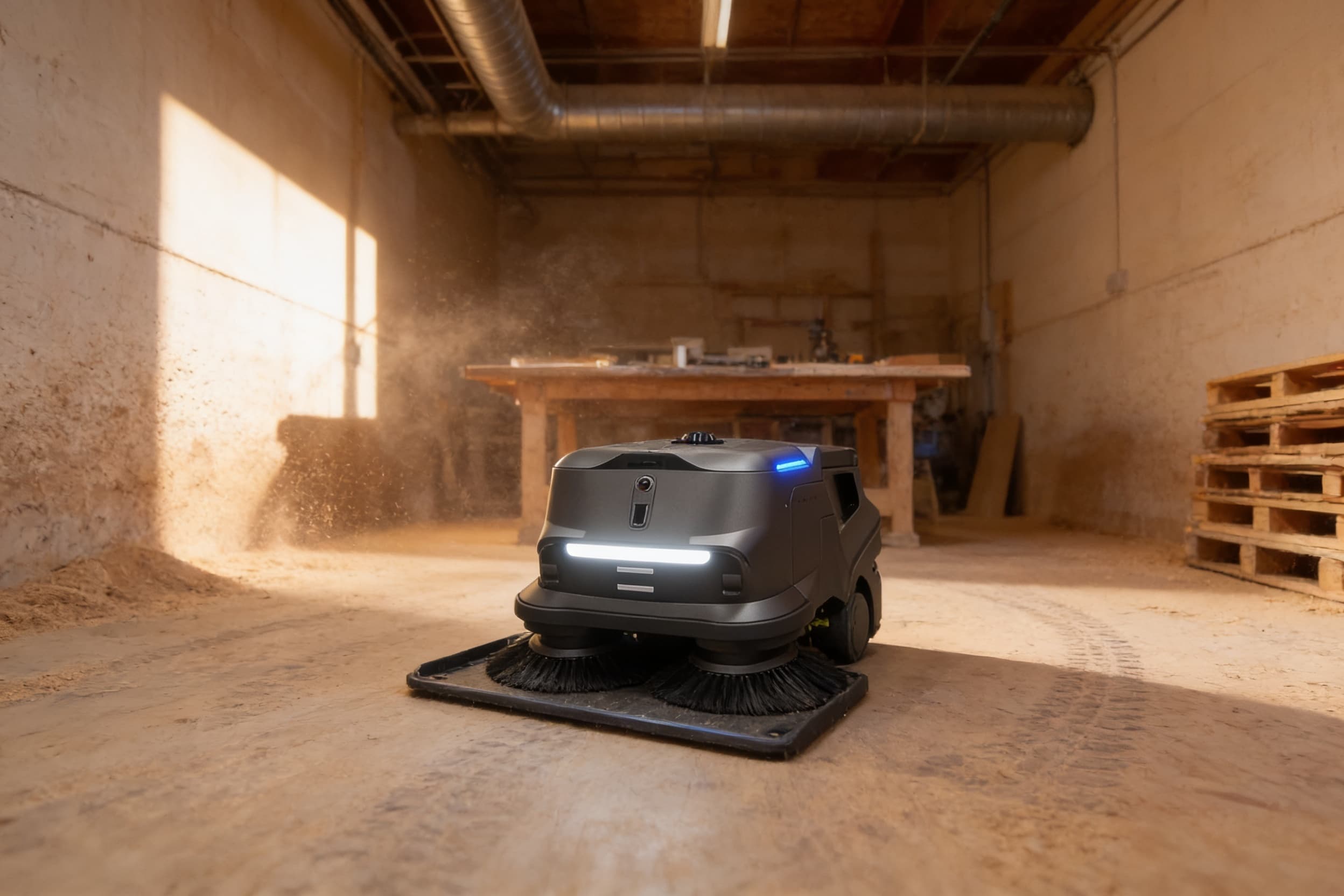 Sweeper robot in a woodworking shop