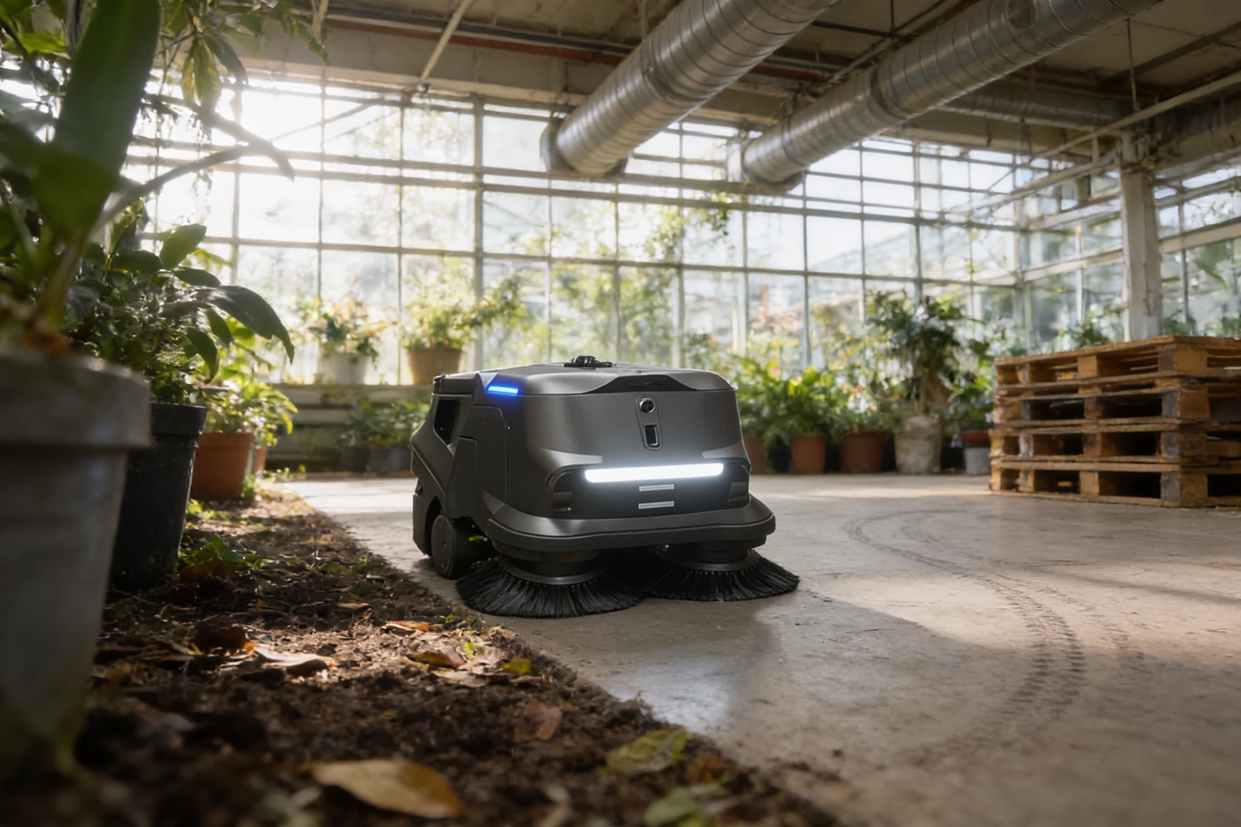 A compact sweeper working an indoor growing hall