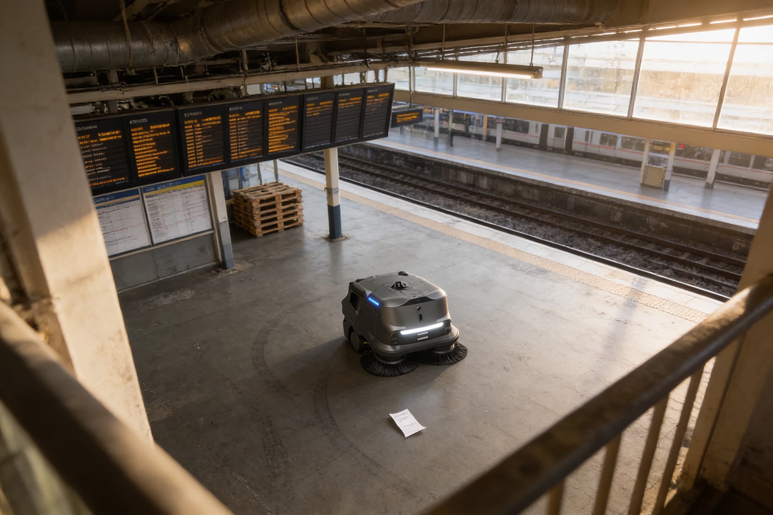 A compact sweeper working a rail-station concourse near the departure boards