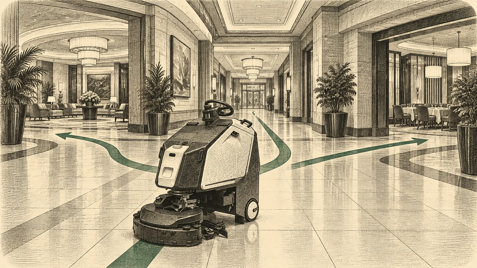 Engraved illustration of a floor scrubber and branching routes in a resort corridor