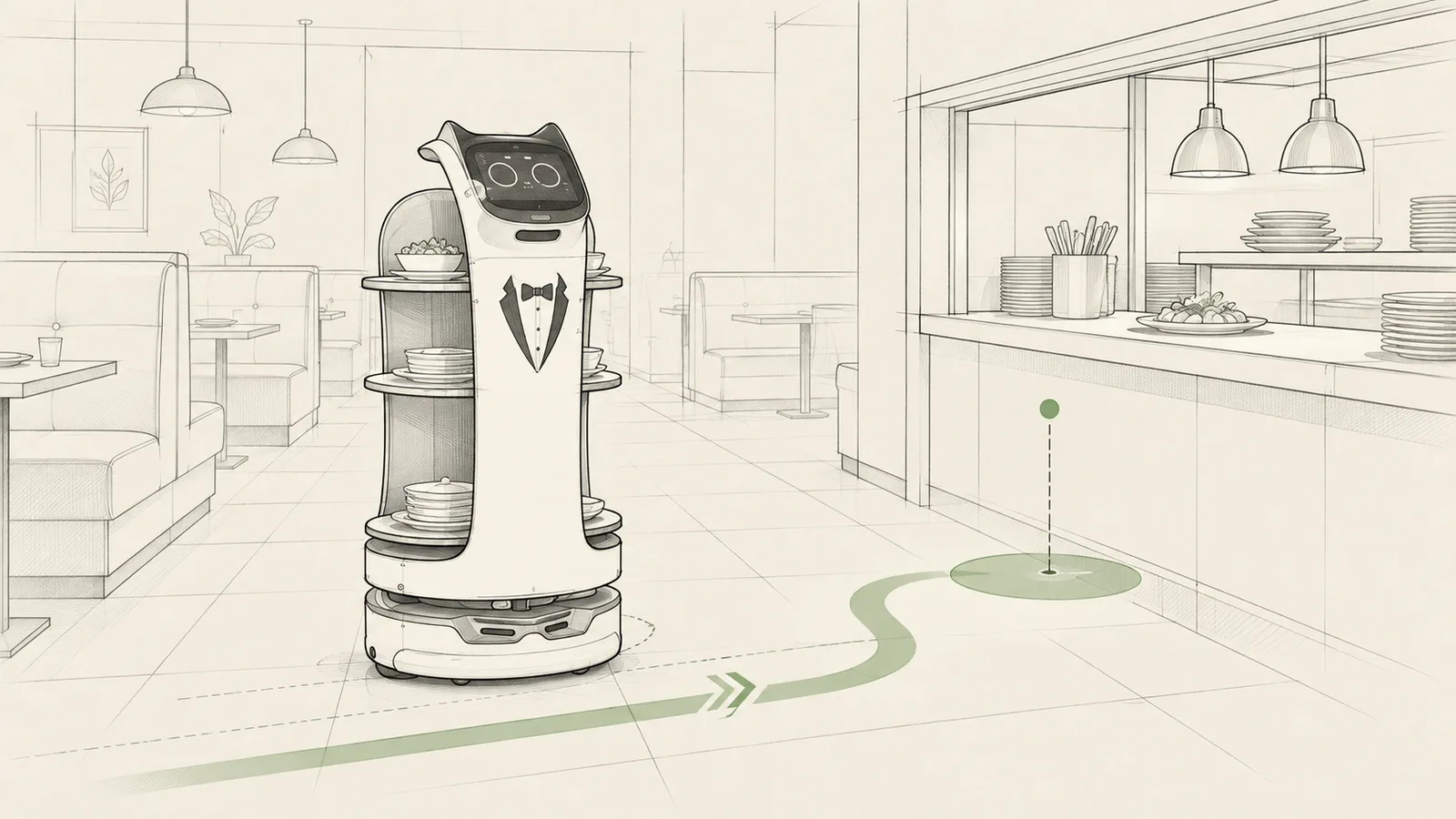 Technical line illustration of a restaurant delivery robot approaching a handoff point